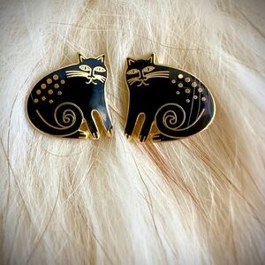 Keshire Cat Earrings Laurel Burch Pin Cloisonné Art Jewelry Signed Black Cat